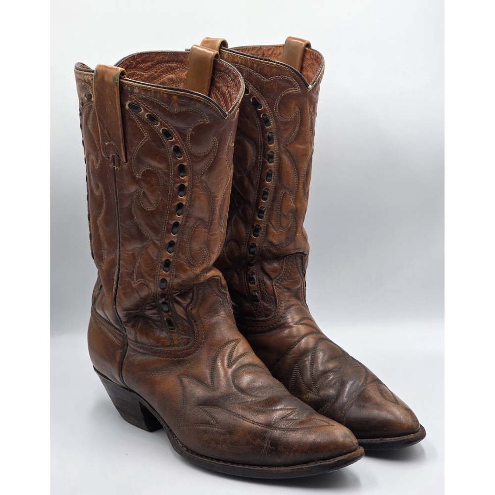 Vintage Durango West Leather Cowboy Boots Pointed Toe Buck Lace Men's 9.5D Brown